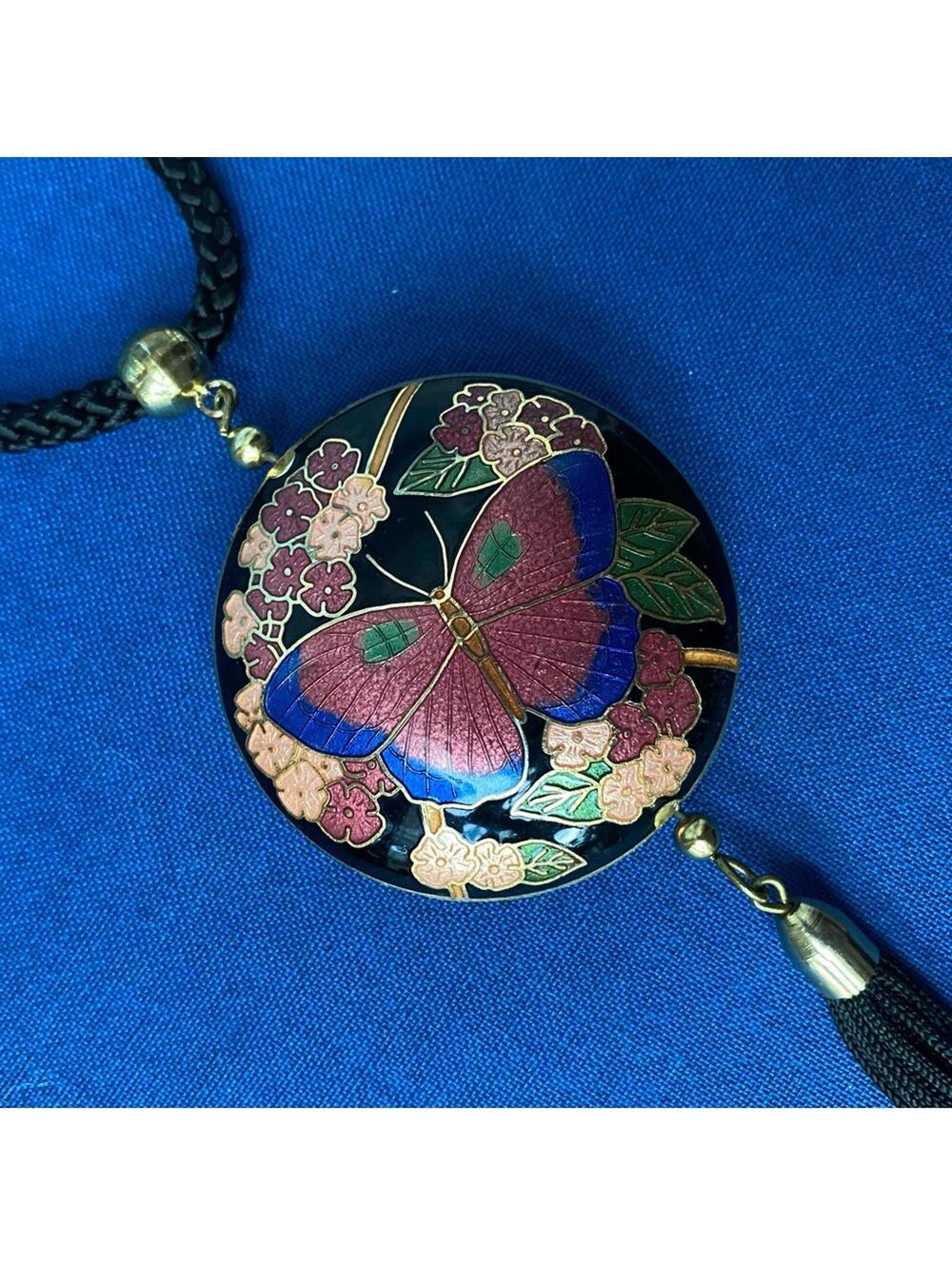 VTG Cloisonné Butterfly Floral Tassel Necklace Double Sided - Picture 6 of 6